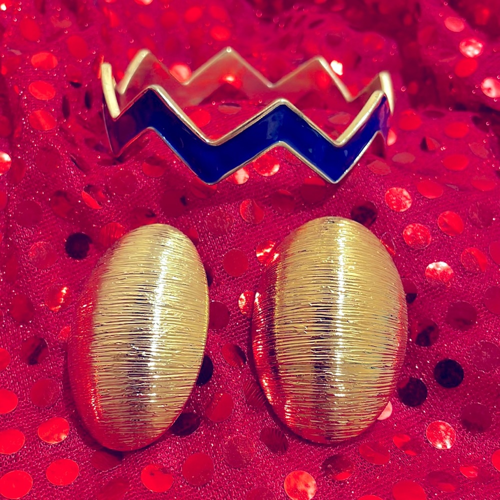 Premier clip on gold earrings, blue & gold bangle bracelet